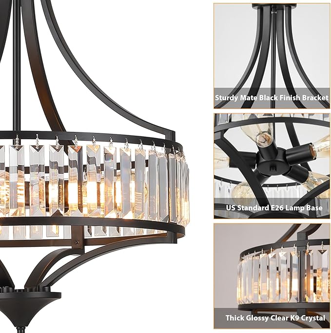 Modern Black Crystal Chandelier, 20 Inch Large Ceiling Pendant Light Fixture with 50'' Adjustable Hanging Chain, 5-Light Farmhouse Chandelier for Dining Room, Living Room, Bedroom, Entryway