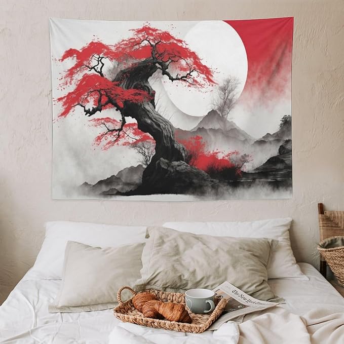 Cherry Blossoms Tapestry, Japanese Red Landscape Asian Abstract Art, Bedroom Living Room Decor 40"x30"