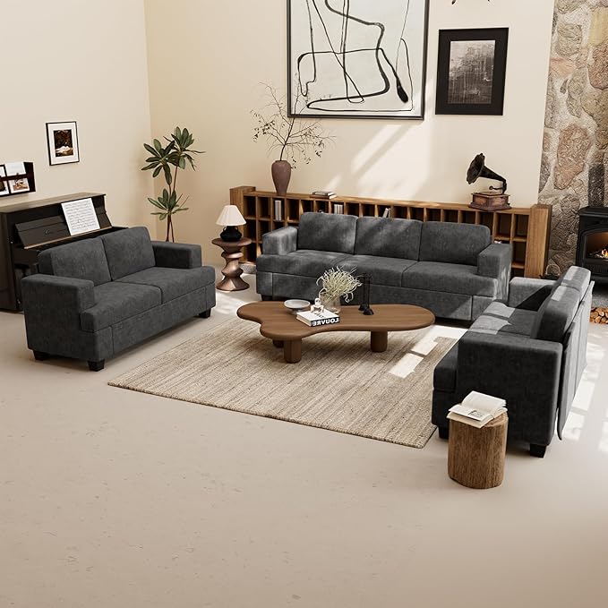Sofa, 63” Comfy Loveseat Sofa with Deep Seats, Couch for Living Room, Modern Sleeper Couch, Dark Grey Chenille