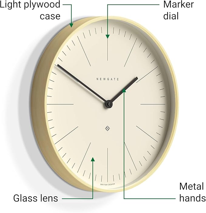 NEWGATE® Mr Clarke Wall Clock | Large Scandi Inspired Plywood Clock | 16 inch | Pale Wood case with Marker dial | Modern Minimalist Design for Kitchen, Living Room or Office
