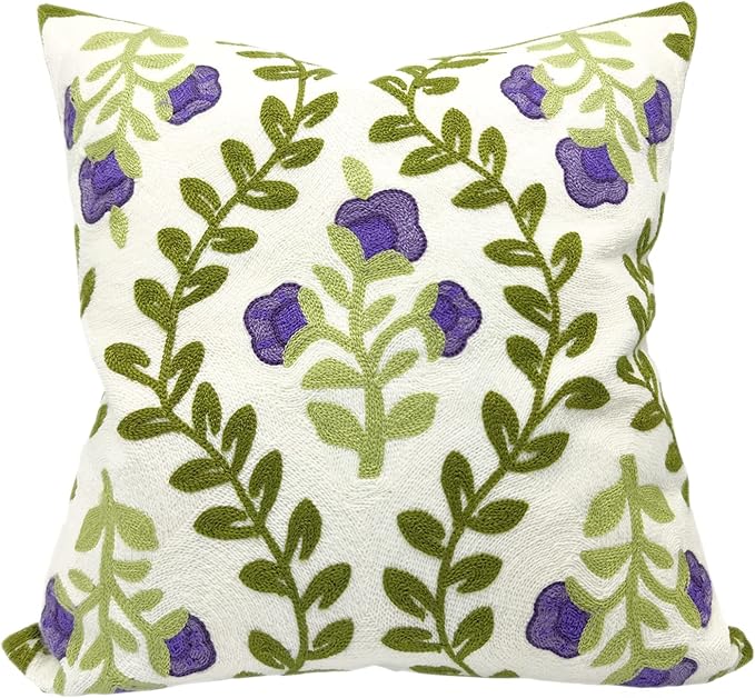 Alysheer Floral Embroidered Spring Decorative Throw Pillow Cover 18"x 18", Farmhouse Cottage Purple Flowers Green Leaves Knit Pattern Cotton Canvas Cushion Case for Sofa Couch Bed Living Room Decor