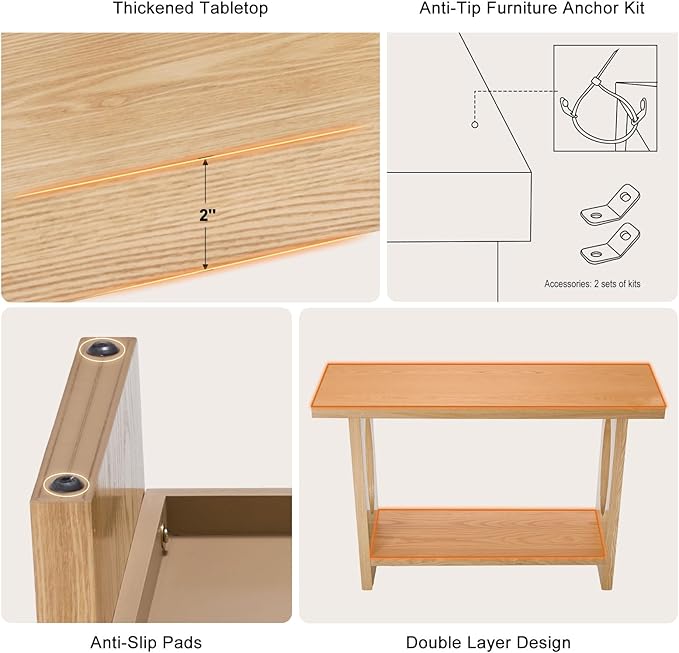 BECHAEO 47-Inch Farmhouse Narrow Console Table, 2'' Thickened Entryway Table with Solid Wood Veneer, 2-Tier Sofa Tables Behind Couch, Rectangle Hallway Tables for Living Room, Foyer Rustic Oak