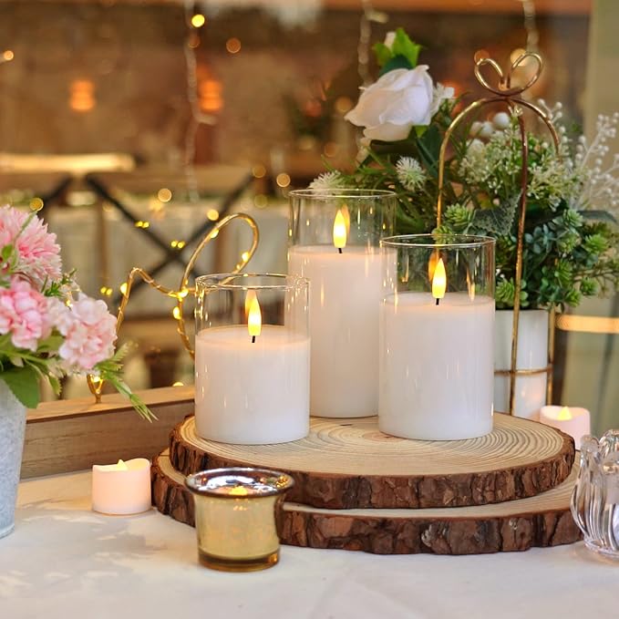 Homemory Clear Glass Flameless Candles, Pure White Wax Battery Operated Candles, LED Pillar Candles with Remote Control and Timers, D3 H4 5" 6", Set of 3