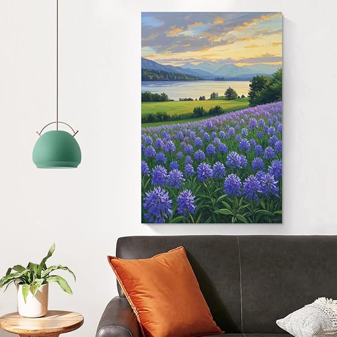 The lavender scenery all over the lake at sunset is suitable for posting in the living room bedroom office landscape poster wall painting