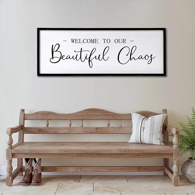 Welcome to Beautiful Chaos Framed Wall Art, 40''×15'' Rustic Horizontal Beautiful Chaos Plaque with Black Frame for Entryway Living Room, Farmhouse Long Welcome to our Chaos Wood Sign Wall Decor