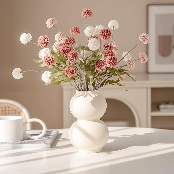 Faux White Kiku Flower, 10 Stems with 5 Heads Each & 4 Branches Eucalyptus Stems, Artificial Small Mini Chrysanthemum Flowers for Aesthetic Room Decor, Floral Arrangements Centerpiece