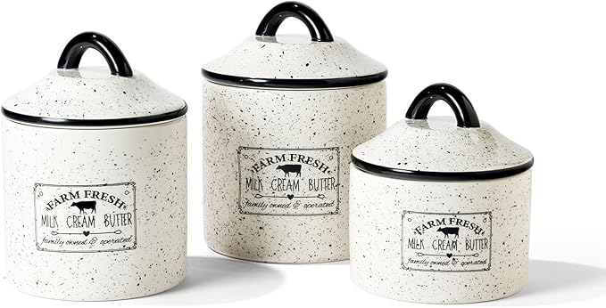 American Atelier Canister Set 3-Piece Ceramic Jars in Small, Medium, Large with Airtight Lids for Cookies, Candy, Coffee, Flour, Sugar, Rice, Pasta, Cereal & More (Farm Fresh)