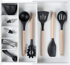 Adjustable Kitchen Drawer Organizer for Utensils and Junk, Food-Safe Contract Grade with 100% Sustainable Wood, Expandable from 10.5 to 19 Inches Wide - White Bamboo