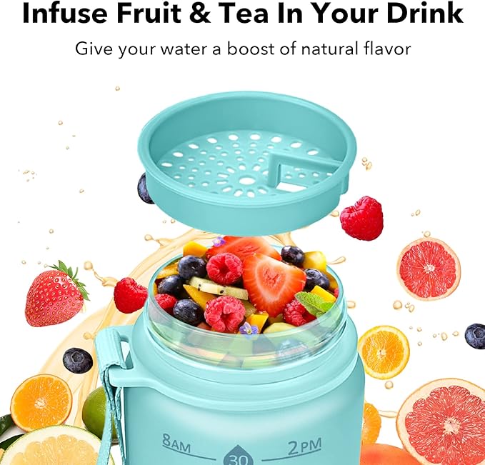 32oz Motivational Water Bottles with Time Marker & Fruit Strainer, Transparent Gradient Color Water Bottle with Times to Drink, Leakproof & BPA Free, Reusable Bottle with Strap (No Straw)