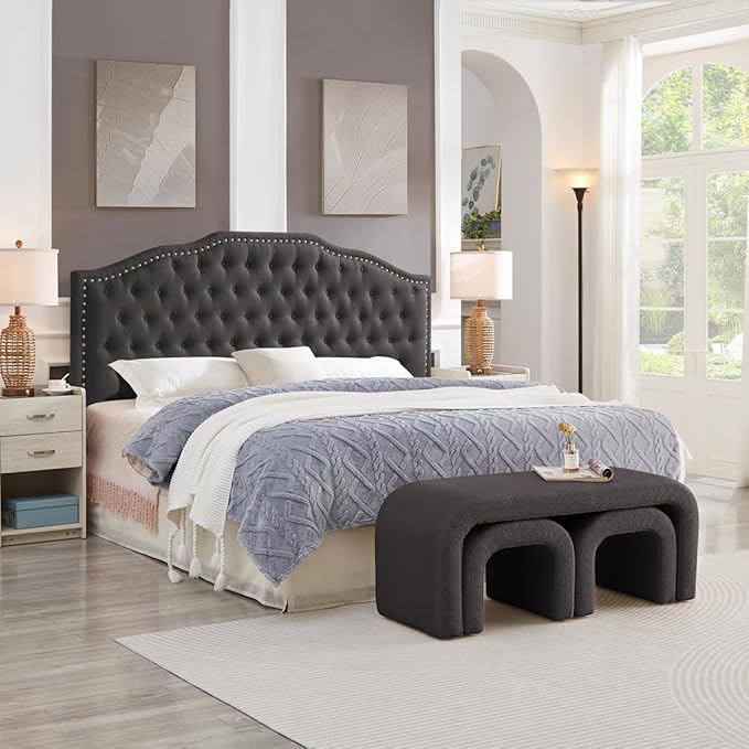 24KF Upholstered Button Tufted King Size Headboard with Nailhead Trim, Elegant Boucle Fabric California King headboard, 6031-K-Boucle-Dark Gray