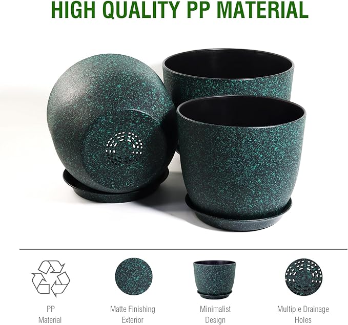 Plant Pots 10/9/8 inch, Set of 3 Modern Decorative Plastic Planters with Drainage Holes and Saucers for Garden House Plants, Flower Pots for Indoor Outdoor Plants, Black with Green Speckles
