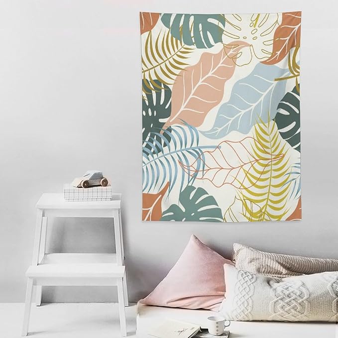 ICMOLYYENLO Boho Green Leaves Tapestry, Mid Century Abstract Tropical Palm Leaves Modern Minimalist Geometric Wall Hanging, Neutral Home Decor Art for Living Room Bedroom Dorm 40x60 Inch