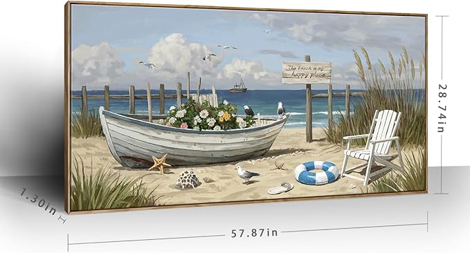 amatop Giant Framed Beach Wall Art Large Nautical Seaside Canvas Print Flower Boat Ocean Horizontal Landscape Picture Sea Birds Artwork for Coastal Farmhouse Living Room Bedroom Office Decor 58×29 Inch