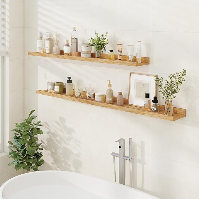 Floating Picture Ledge Shelves 48 Inch Solid Oak Wood Set of 2, Rustic Wall Storage Shelves with Lip, Kids Bookshelf, Photo & Picture Ledge Shelves for Bedroom, Living Room, Kitchen