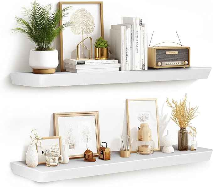 36"x6.8"x1.6" Slanted Floating Wall Shelves 2-Pack - Rustic White Finish, Heavy-Duty Solid Wood Design with Hidden Brackets - Perfect for Living Room, Kitchen, Bathroom, or Office