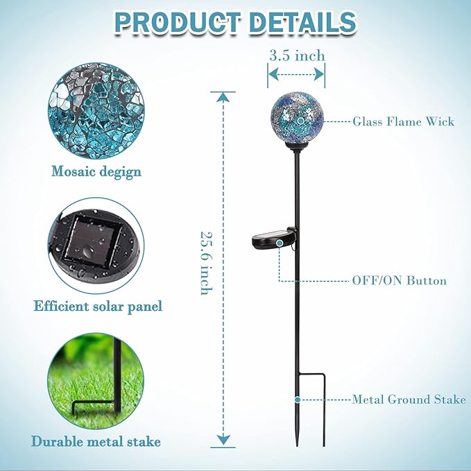 Solar Garden Lights Outdoor Decorative - Solar Gazing Ball Mosaic Garden Stakes Decorative Waterproof Outdoor Lights for Pathway Yard Lawn Decoration Blue