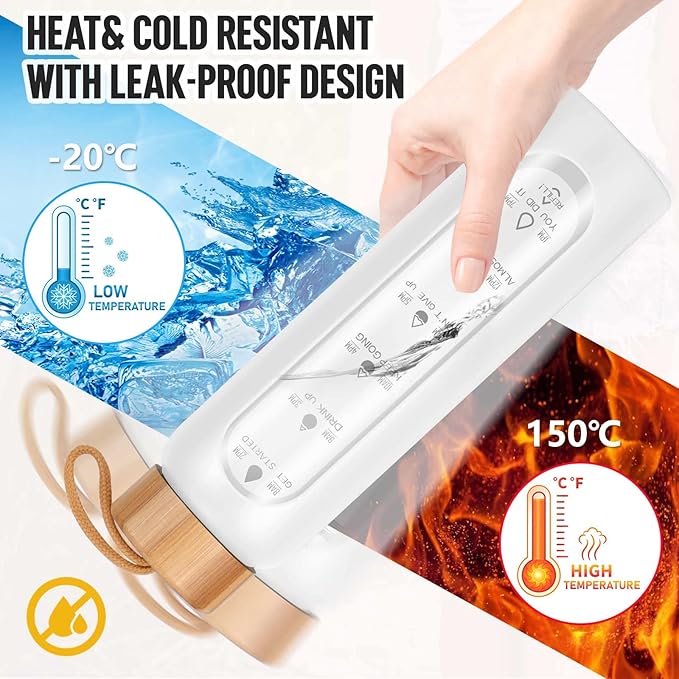 Aqulea Glass Water Bottles 25 Oz with Silicone Sleeve - BPA Free Reusable Wide Mouth Glass Motivational Water Bottles with Fruit Infuser – Leak Proof Borosilicate Water Bottle with Time Marker (White)