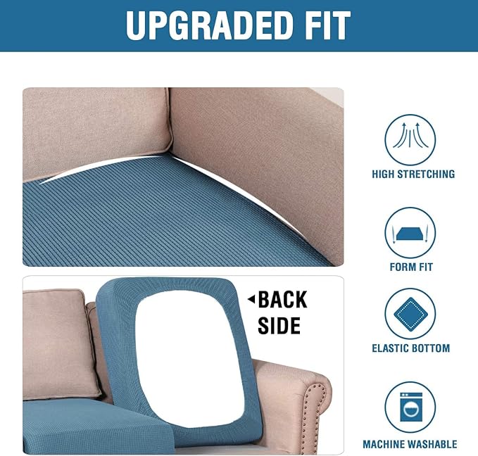 H.VERSAILTEX Super Stretch Individual Seat Cushion Covers Sofa Covers Slipcover Sets Thick Jacquard Textured Twill Fabric (3 Piece, Dusty Blue)