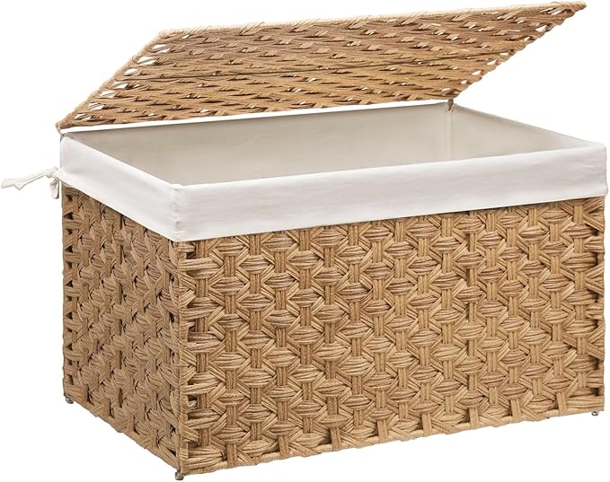 Wicker Storage Basket with Lid, 27.7 Gallon (105L) Large Blanket Basket with Lid, Woven Storage Bin with Handles, Removable Liner, Metal Frame, Foldable, for Bedroom, Laundry Room, Natural