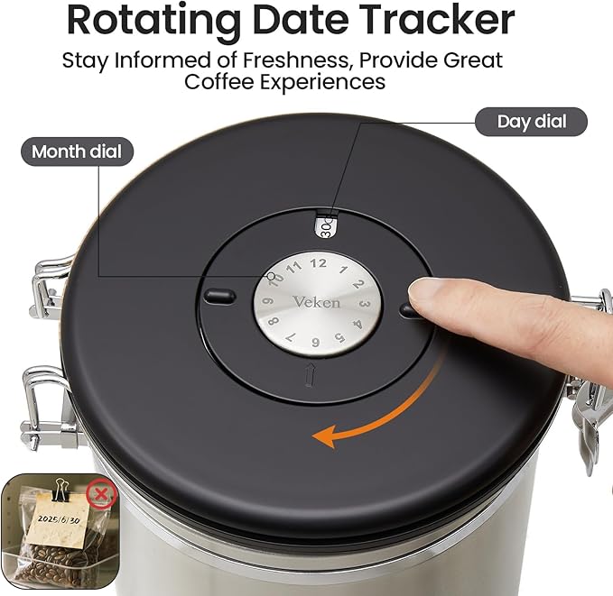 Veken Coffee Canister, 39OZ Large, Airtight Stainless Steel Food Storage Container for 2.2lbs Coffee Beans, Ground, Sugar, Tea, Flour, Rice, Cereal, Cookies Jars, Bar Accessories & Gifts, Silver