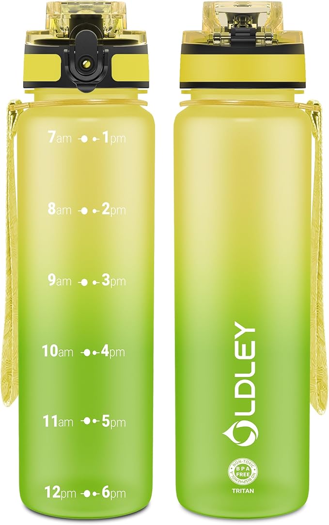 OLDLEY 32 oz Water Bottle, Motivational Water Bottle with Time Marker, Sports Water Bottle With Strap, Leakproof & BPA Free Large Water Bottles for School, Gym, Travel, Outdoor, Tritan,Yellow&Green