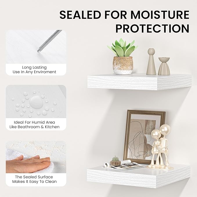 Square Floating Shelves for Wall, 12" W x 12" D x 1.2" H, Small Wooden Wall Mounted Display Shelves with Invisible Brackets for Living Room, Bedroom, Bathroom, Kitchen Decor, Set of 3, White