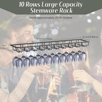 Xverycan Wine Glass Rack Under Cabinet, 10 Row Extreme Large Stemware Hanger, Metal Wine Goblet Holder, DIY Bar Glass Storage Rack for Bar Counter, Kitchen, Screws Included