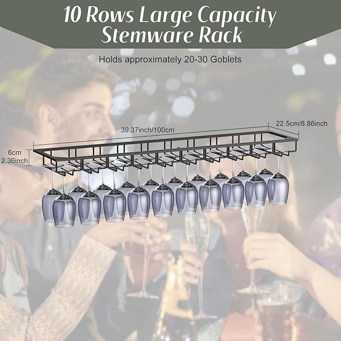 Xverycan Wine Glass Rack Under Cabinet, 10 Row Extreme Large Stemware Hanger, Metal Wine Goblet Holder, DIY Bar Glass Storage Rack for Bar Counter, Kitchen, Screws Included