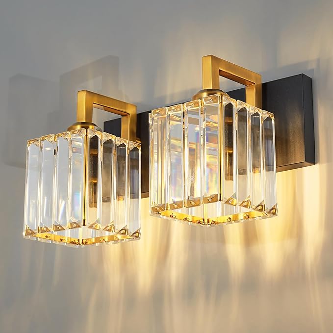 Modern Bathroom Vanity Light 2-Lights Black Gold Crystal Wall Lamp Bathroom Modern Crystal Vanity Lighting