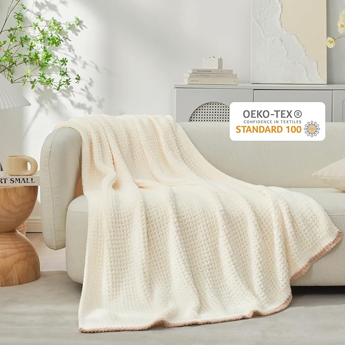 Snuggle Sac Cream Waffle Throw Blanket for Couch Bed Sofa 60x80 inches, Reversible Cream Blanket Microfiber Fluffy Fuzzy Cozy Knit Twin Blanket for Women Mothers Birthday Gifts