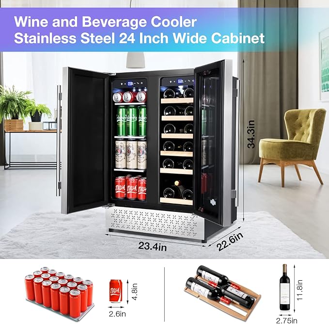 Tylza Wine and Beverage Refrigerator, 24 inch Dual Zone Wine Beverage Cooler Built-in and Freestanding, with Seamless Stainless Steel Door Quick Cooling Under Counter Beer Wine refrigerator