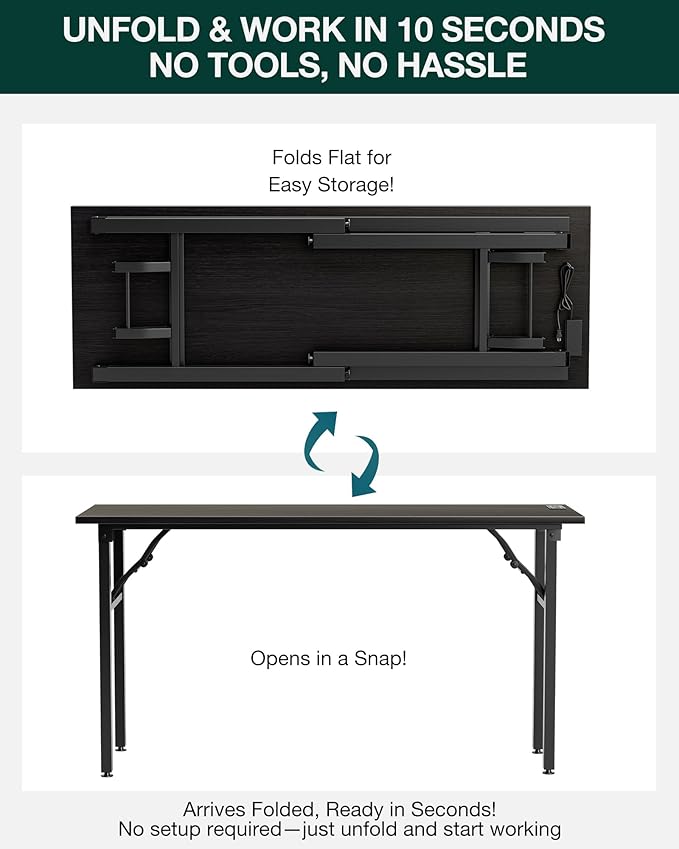 Frylr Small Folding Computer Desk – 55.1 Inch Portable Table for Craft and Study, Lightweight Desk for Small Spaces, Foldable Laptop Table Built-in AC/USB Outlets for Convenience, Charcoal Wenge