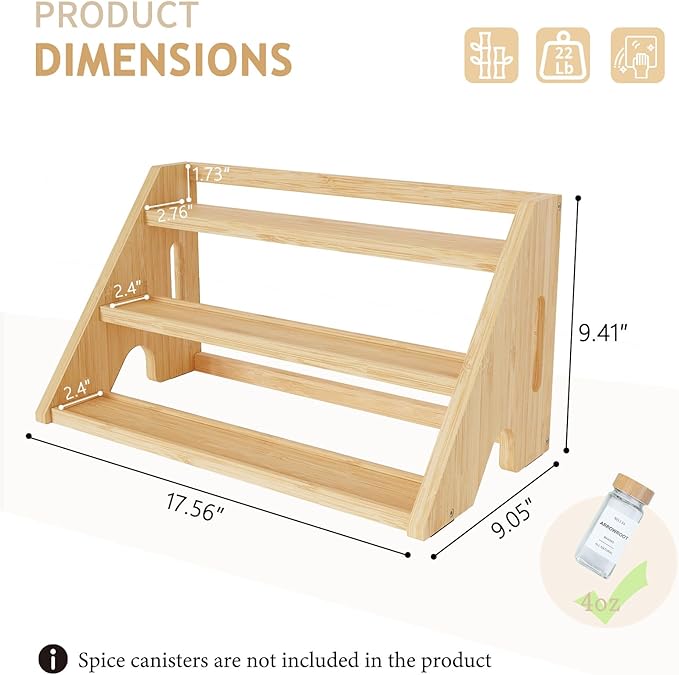 Bamboo Spice Rack Organizer -3-Tier Spice Rack for Countertop,Cabinet Spice Rack Organizer for 27 Spice Jars(4oz)，Step Shelf (yellow)