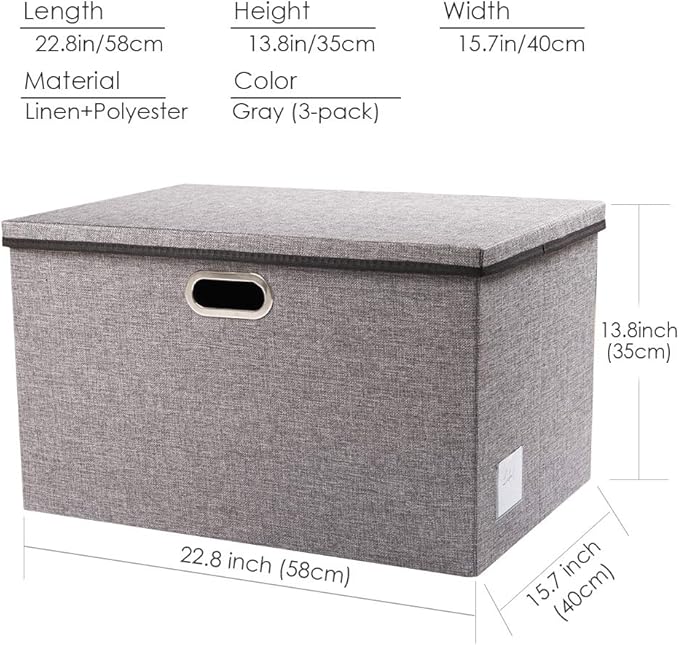 PRANDOM Extra Large Collapsible Storage Bins with Lids [3-Pack] Linen Fabric Foldable Storage Baskets Boxes Organizer Containers Cube with Cover for Bedroom Closet Office Nursery (22.8x15.75x13.8)