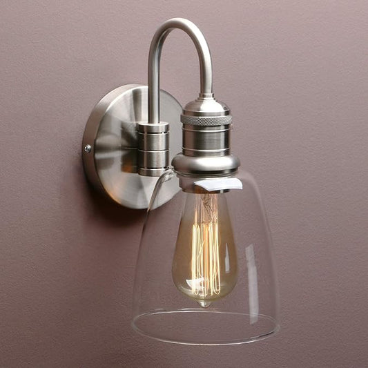 Yosoan 1-Light Brass Modern Vintage Indoor Wall Sconce, Vanity Single Luxury Hardwired Retro Textured Clear Oval Cone Glass Shade with Industrial Gooseneck Curved Rod Bathroom Lamp(Brushed)