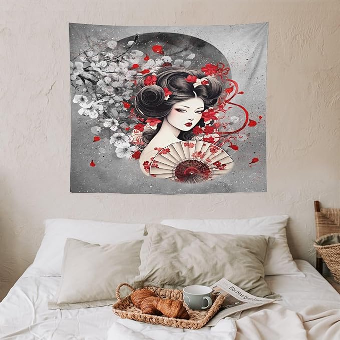 Japanese Geisha Tapestry Asian Red Cherry Blossom Red Sun Traditional Kimono Folk Tapestries Home Decor for Living Room Bedroom Apartment Farmhouse Dorm 60"x50"