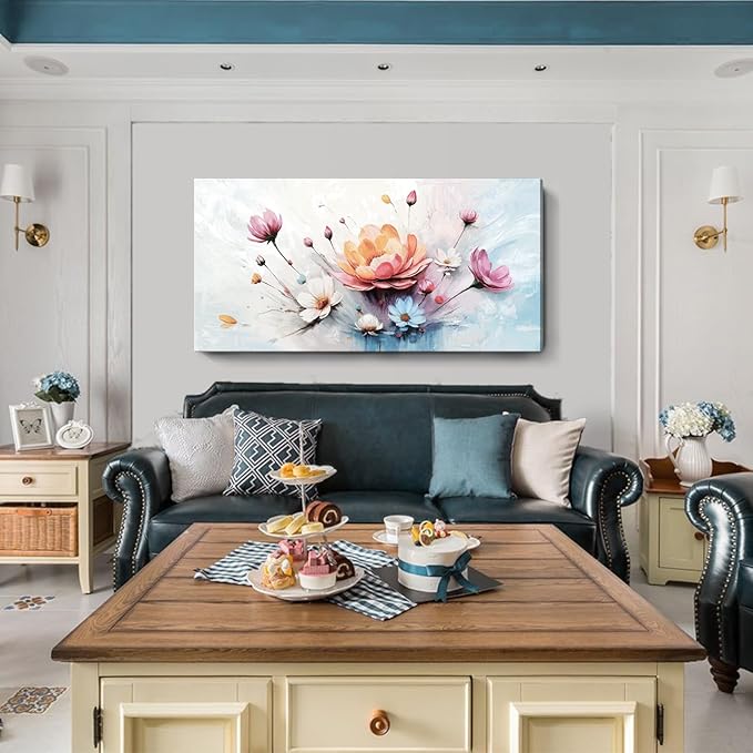 amatop Oversized Wall Art for Living Room Elegant Pink White Blue Floral Art Print Large Abstract Nature Botanical Picture Contemporary Garden Bloom Canvas Decoration Bedroom Office Hallway 58x29 inch