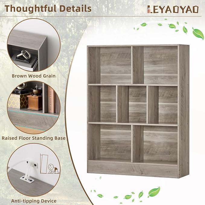 LEYAOYAO 7 Cube Bookshelf with Base,3 Tier Mid-Century Modern Grey Bookcase,Standing Wide Bookshelves Storage Organizer Shelf,Rustic Wood Display Cabinet Book Shelves for Bedroom,Living Room,Office