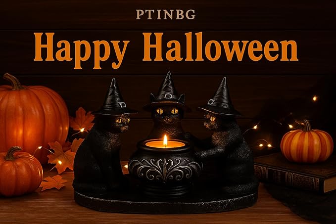 Halloween Black Cat Candle Holder, Cute Halloween Table Decor & Mantel Decoration (Black)