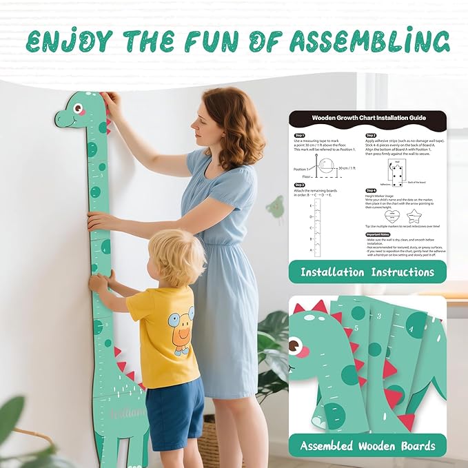 Personalized Name Growth Chart, Dinosaur Wooden Height Chart, Thick Height Measuring Board, Kids Height Tracker for Nursery Decor, Baby Boy Girl Measurement Ruler, Growth Charts Ruler