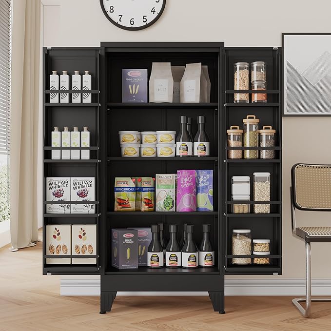 51" H Metal Kitchen Pantry Storage Cabinet, Freestanding Cupboard Storage Cabinet with Doors and Adjustable Shelves, Large Stand Up Food Cupboard for Living Room, Dinning Room, Black