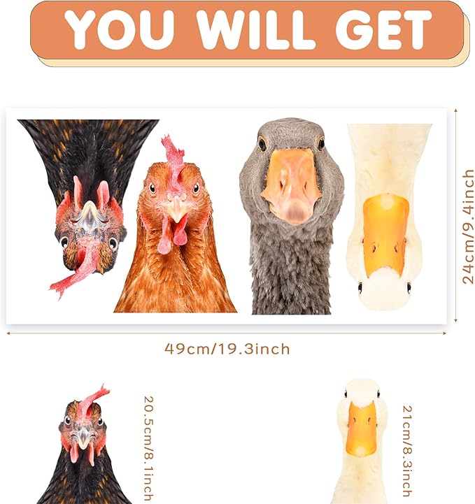 Funny Animal Windows Stickers Decor - 2 Hens Head & 2 Goose Head Window Cling Removable - Cute Animals Window Decals Peel and Stick - Funny Animals Wall Decor for Farmhouse Kitchen Door Refrigerator