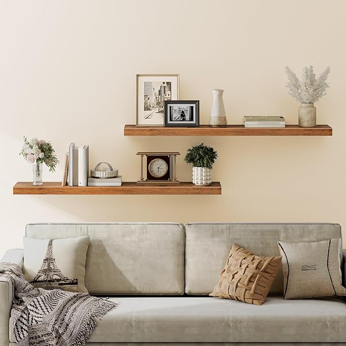 HOOBRO Floating Shelves for Wall, Wall Mounted Shelf Set of 2, 55" Hanging Shelf with Invisible Brackets, for Wall in Bathroom, Bedroom, Toilet, Kitchen, Living Room, Office, Rustic Brown BF140BJP201