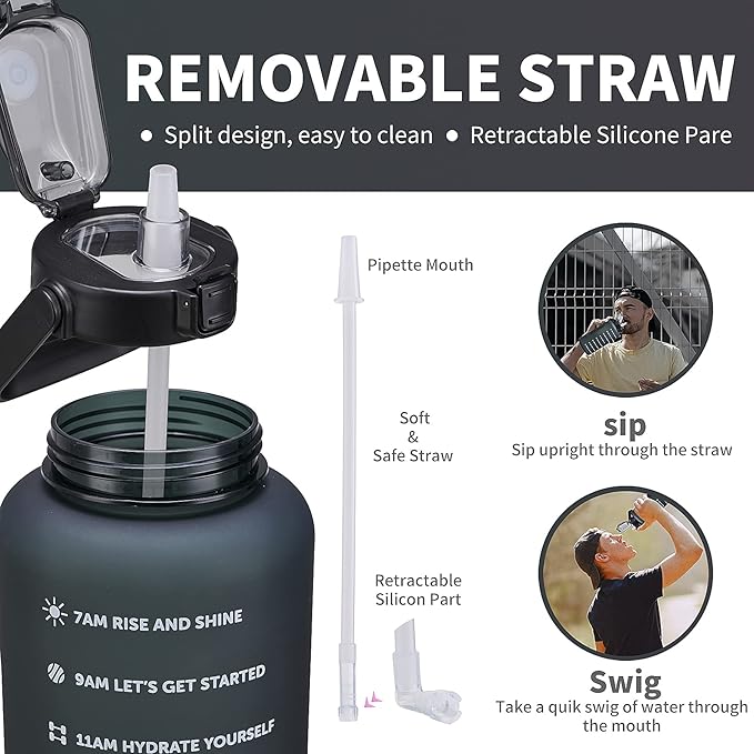 64oz,100oz,128oz Large Motivational Water Bottle with Time Marker, Leakproof & BPA Free Half Gallon Big Water Bottle with Straw Handle Tritan Frosted Water Jug for Gym,Fitness,Outdoor Sports