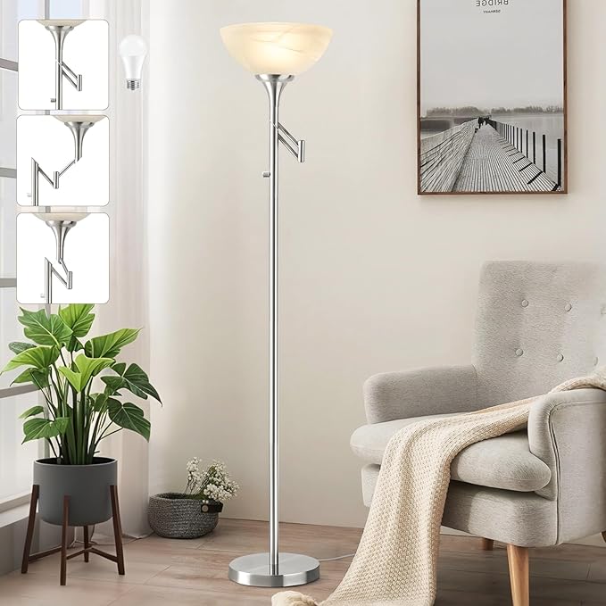 Floor Lamps for Living Room Silver, 70" Tall Standing Lamp with Glass Shade, Bedroom Floor Lamp with 350°Adjustable Swing Arm Lamp, Pole lamp for Bedroom, Living Room, Office, Bulbs Included