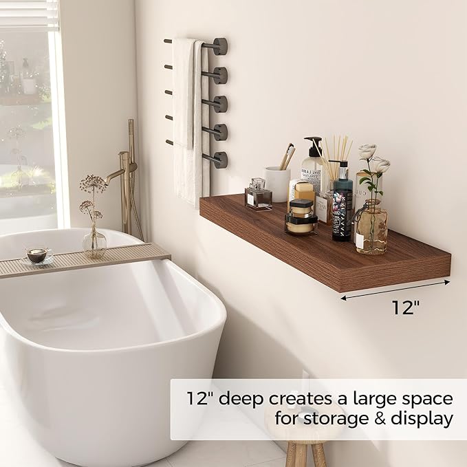 Floating Shelves 30 Inch Long, 12 Inch Deep Floating Shelf for Books, Rustic Wood 30 x 12 Storage Shelves for Wall Storage & Display, Thicked Wall Shelf for Kitchen, Living Room, Walnut Color, 1 Pack