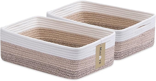 Large Shallow Organizing Baskets 15x11x5.1 Inches - Rope Woven Storage Bins for Bathroom, Shelves, Cube Closet, Gradient Brown 2 Packs