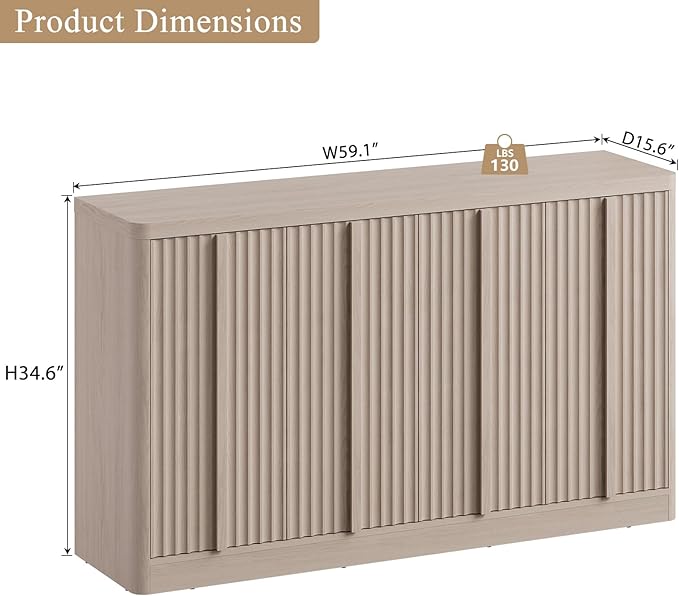 Fluted Buffet Cabinet with Storage, 60" Sideboard Buffet Accent Cabinet with 4 Door & Solid Wood Handle, Modern Buffet Table Credenza Console Cabinets for Living Room, Dining Room, Kitchen, Oak(1PCS)