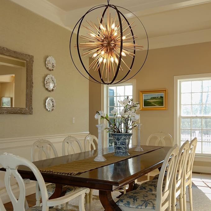 31.5" Black Gold 16-Light Globe Sputnik Chandelier Modern Industrial Adjustable Hanging Ceiling Firework Pendant Light Fixture for Entryway Foyer Stairway Bedroom Dining Living Room Hallway
