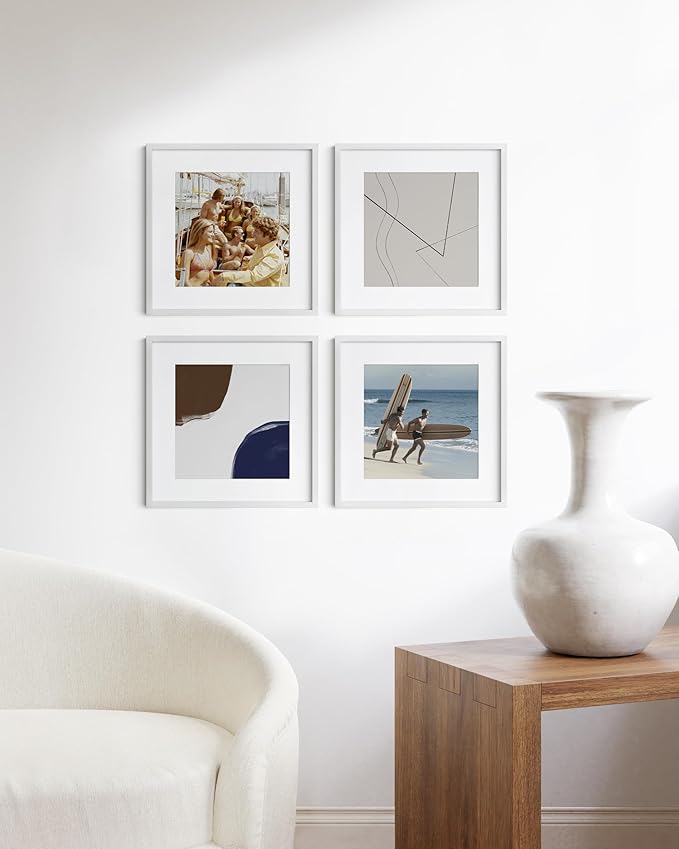 HAUS AND HUES 16x16 White Metal Picture Frames Matted to 12x12 - Features Premium Aluminum & Hanging Hardware, Shatterproof Plexiglass - Ideal for Home, Room, Office (16x16 in, White, Set of 4)